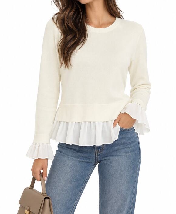 English Factory Tops - English Factory Creamy Ivory Ruffle Hem Long Sleeve Knit Sweater Top Size Small